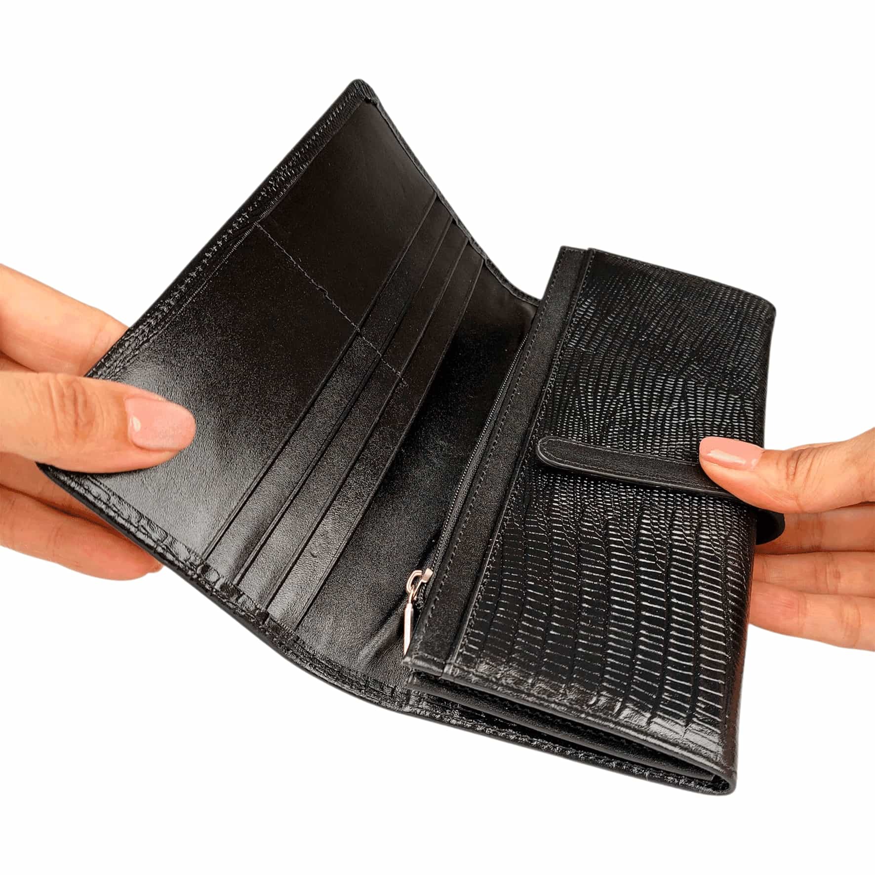 کیف پول زنانه چرم طبیعی آرباس کد AR3001 مشکی لیزارد جزییات